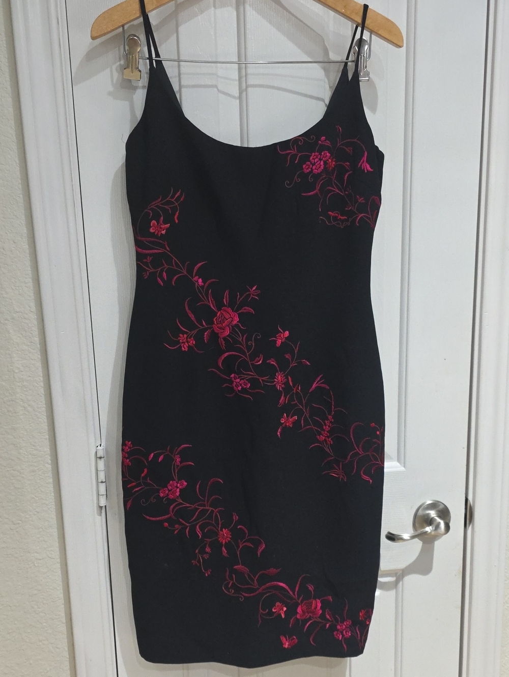 Maggy London Black Slip Dress with Pink Floral Embroidery Size 4